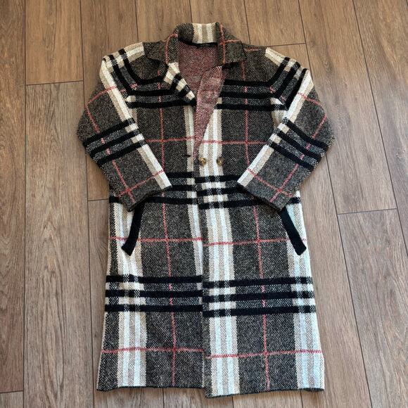 cyrus buttoned long plaid cardigan trench jacket size large black and white - Picture 6 of 7